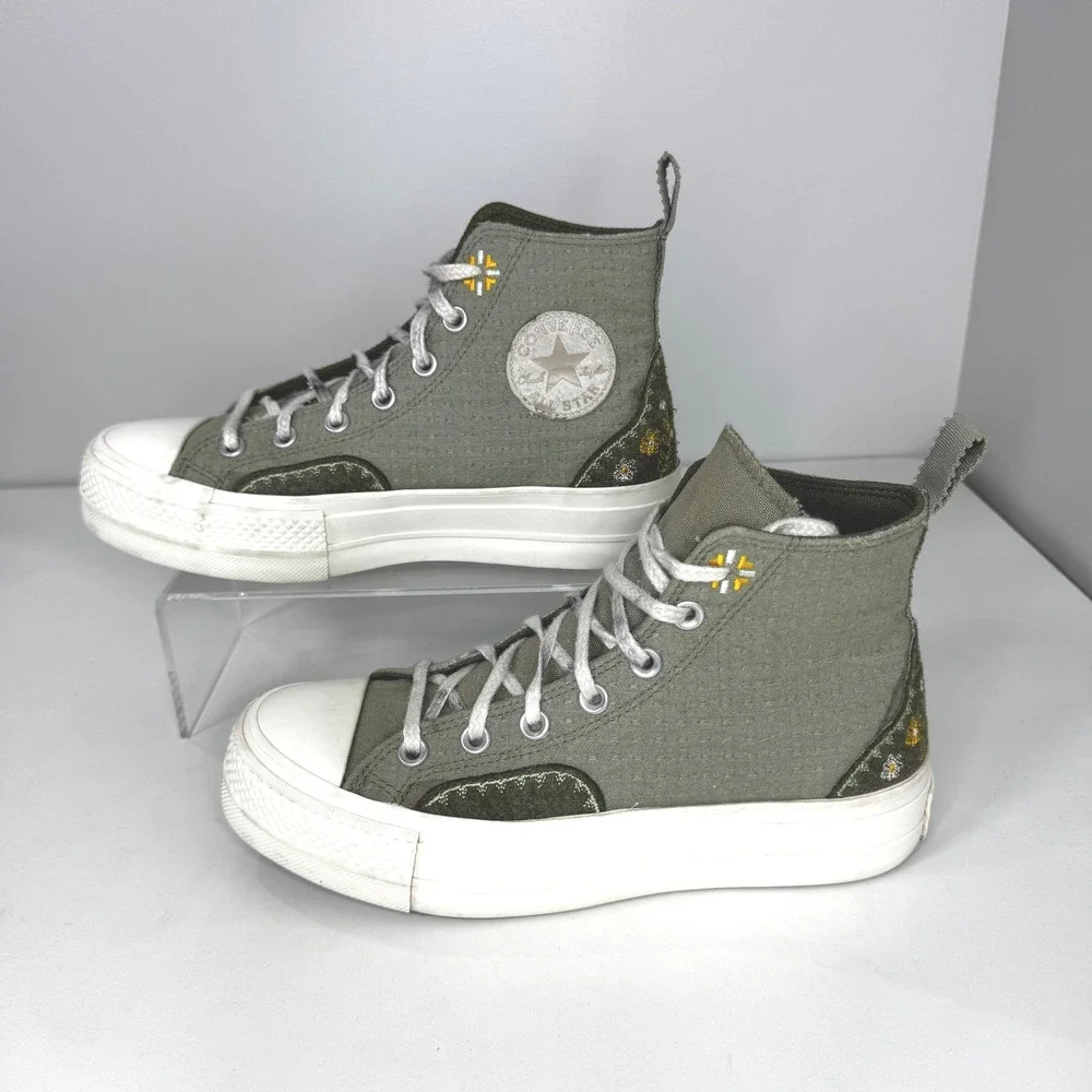 Converse Chuck Taylor All Star Lift Platform High Top Green Floral Embroidery W8
